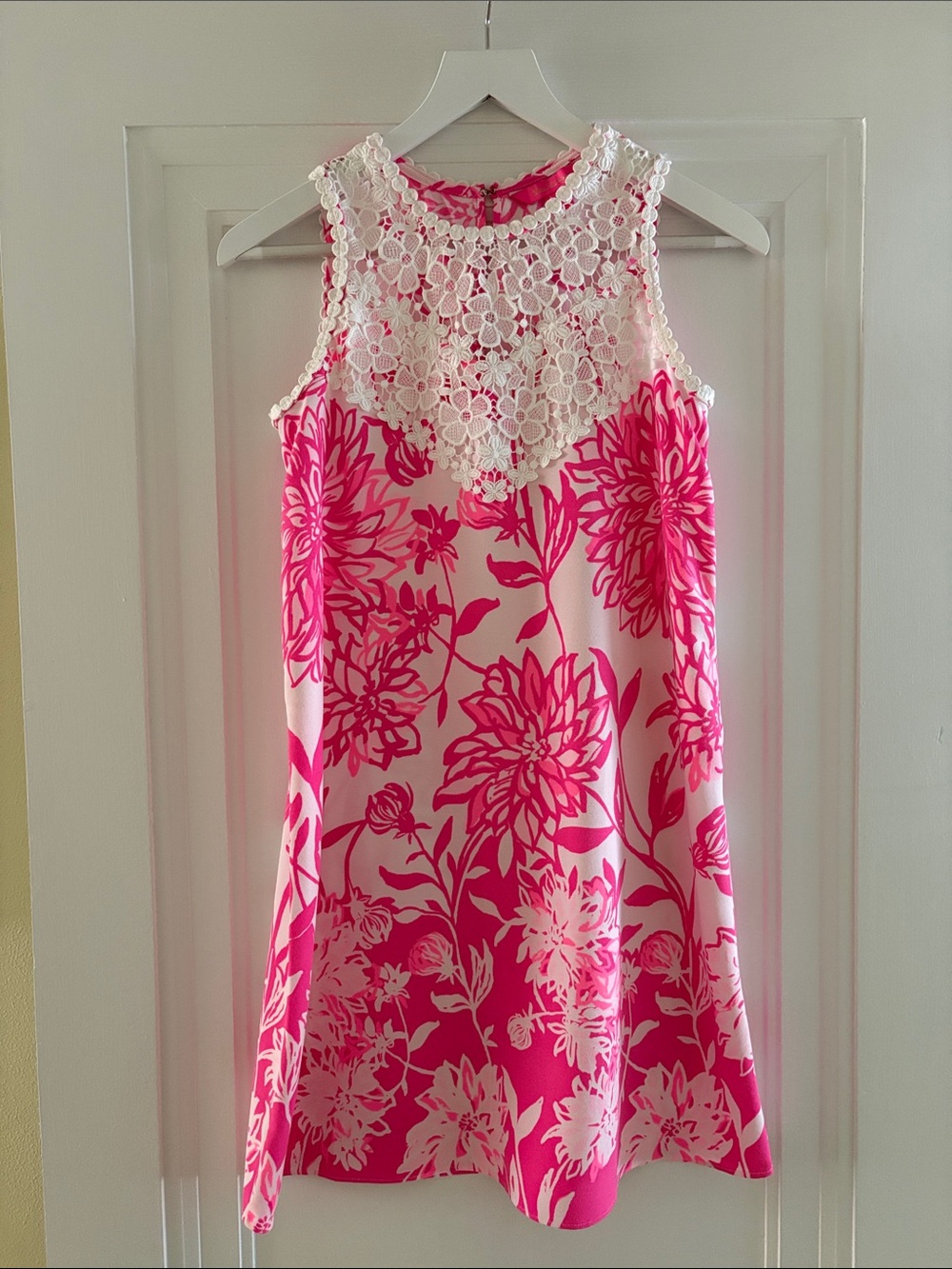 Lilly Pulitzer Pink Floral Sleeveless Dress with White Lace Yoke